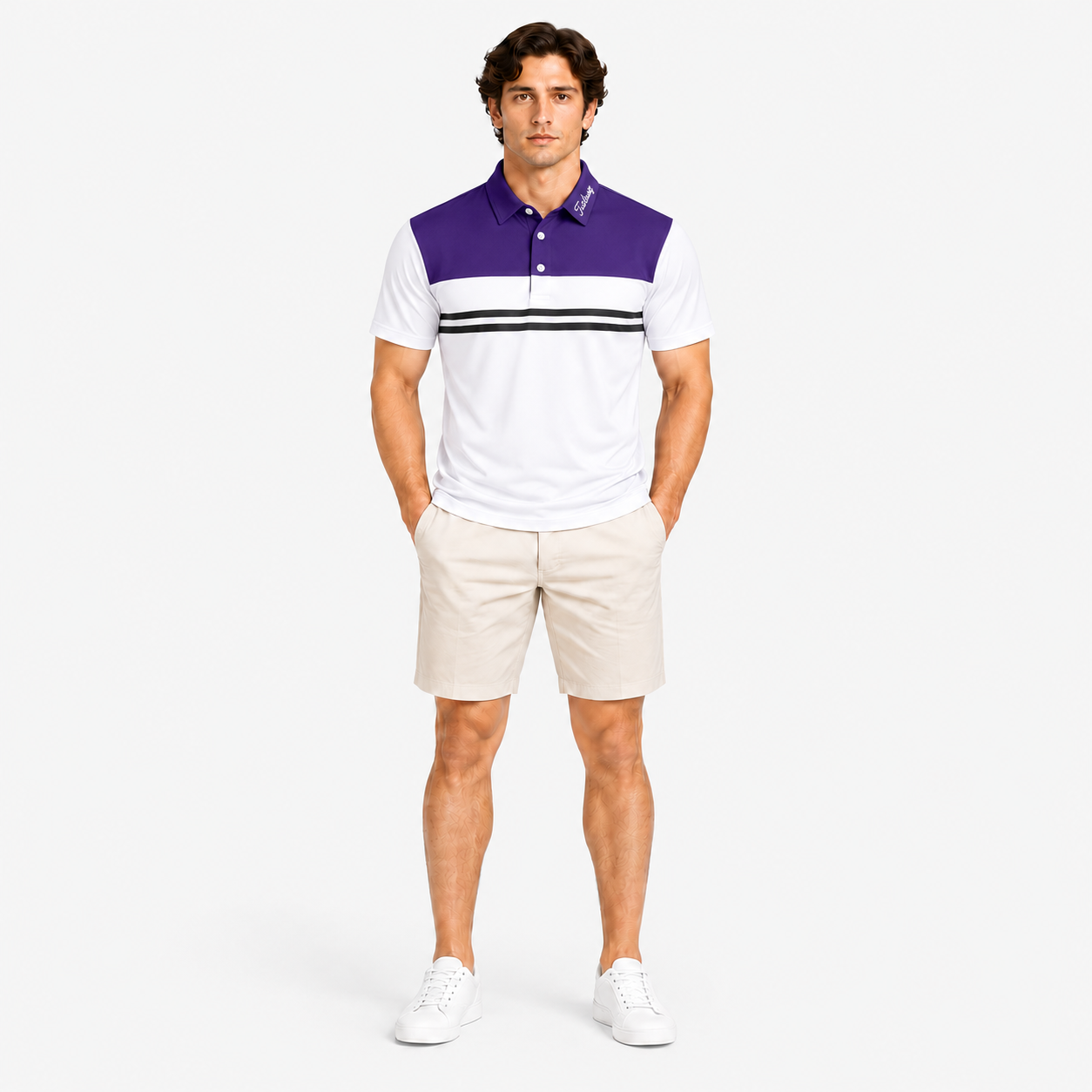 Men's short sleeve purple white golf polo full body view