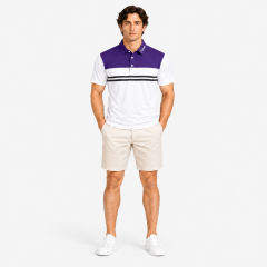Men's short sleeve purple white golf polo full body view