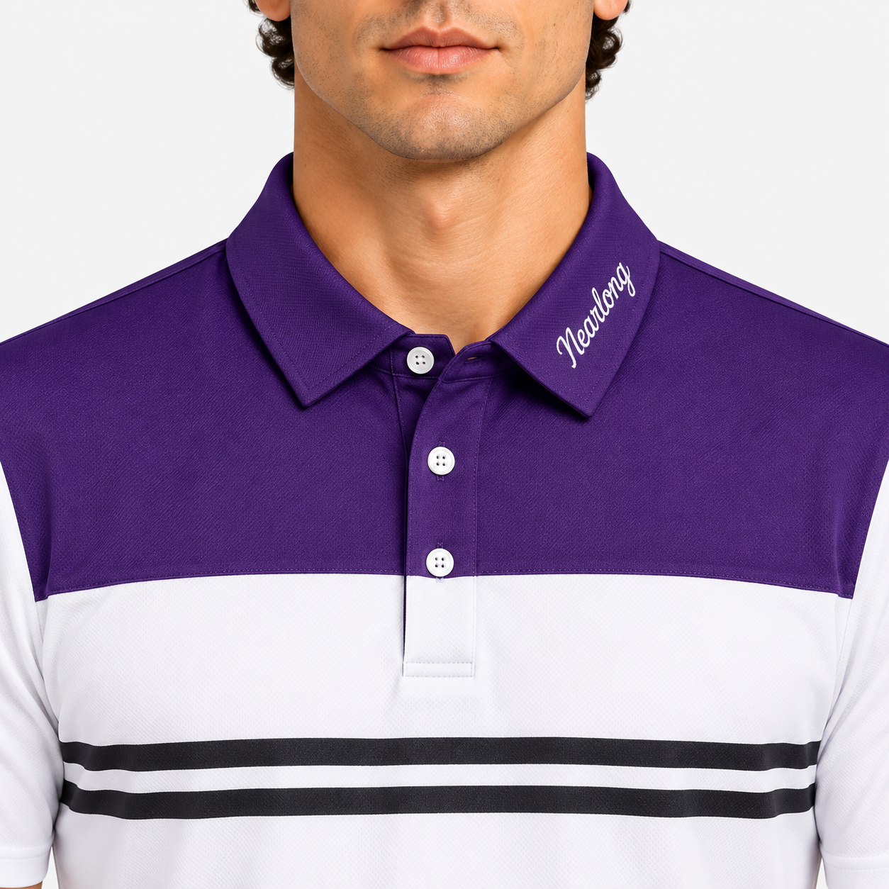 Men's golf polo shirt collar three button placket detail
