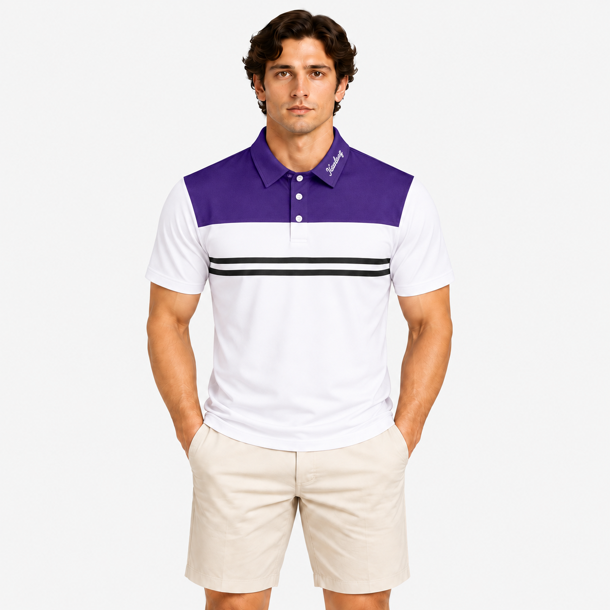 Men's purple white golf polo shirt with chest stripes