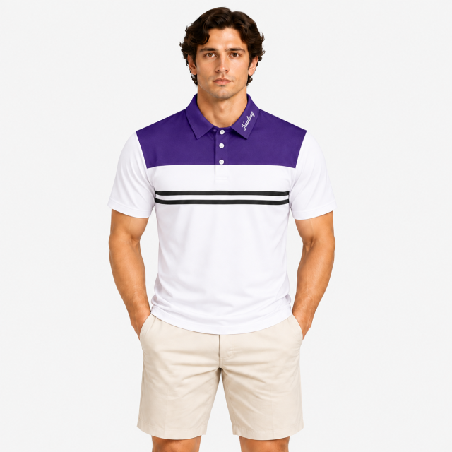 Men's purple white golf polo shirt with chest stripes