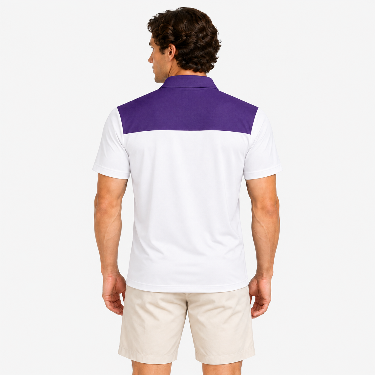 Men's purple white contrast golf polo shirt back view