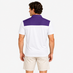 Men's purple white contrast golf polo shirt back view