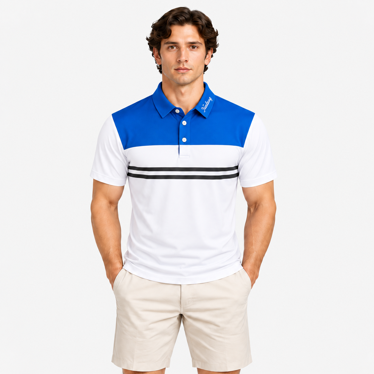 Men's contrast golf polo with blue yoke and black chest stripes