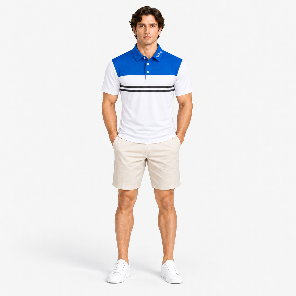 Men's blue white striped golf polo shirt full body view