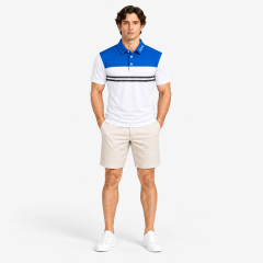 Men's blue white striped golf polo shirt full body view