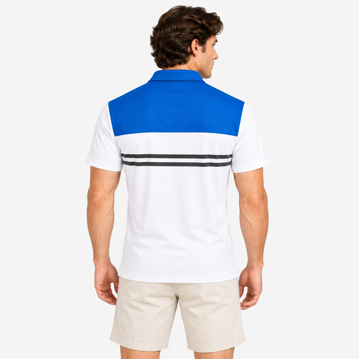 Men's blue contrast yoke golf polo shirt back view