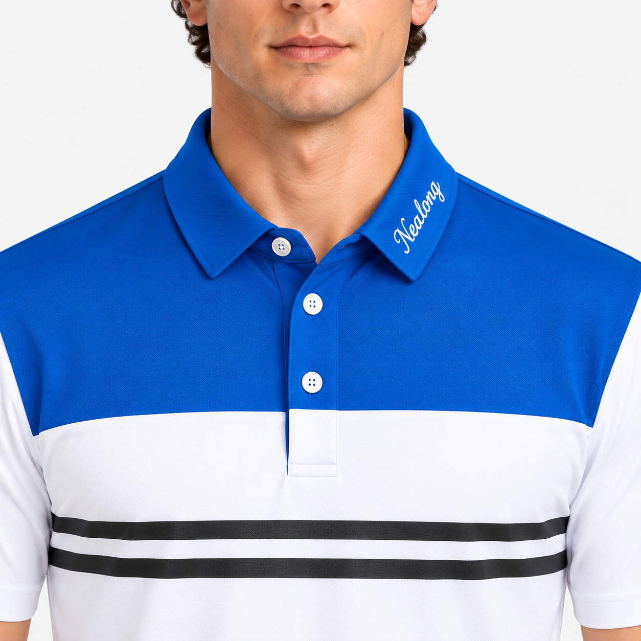 Blue white golf polo shirt collar and three button placket