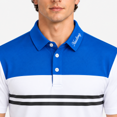 Blue white golf polo shirt collar and three button placket