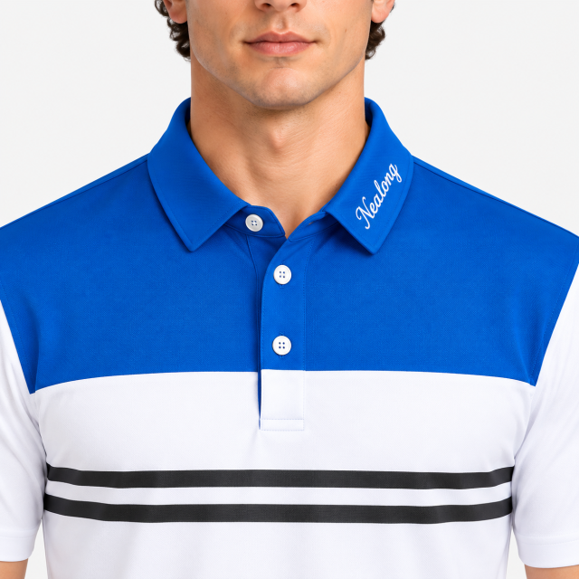 Blue white golf polo shirt collar and three button placket