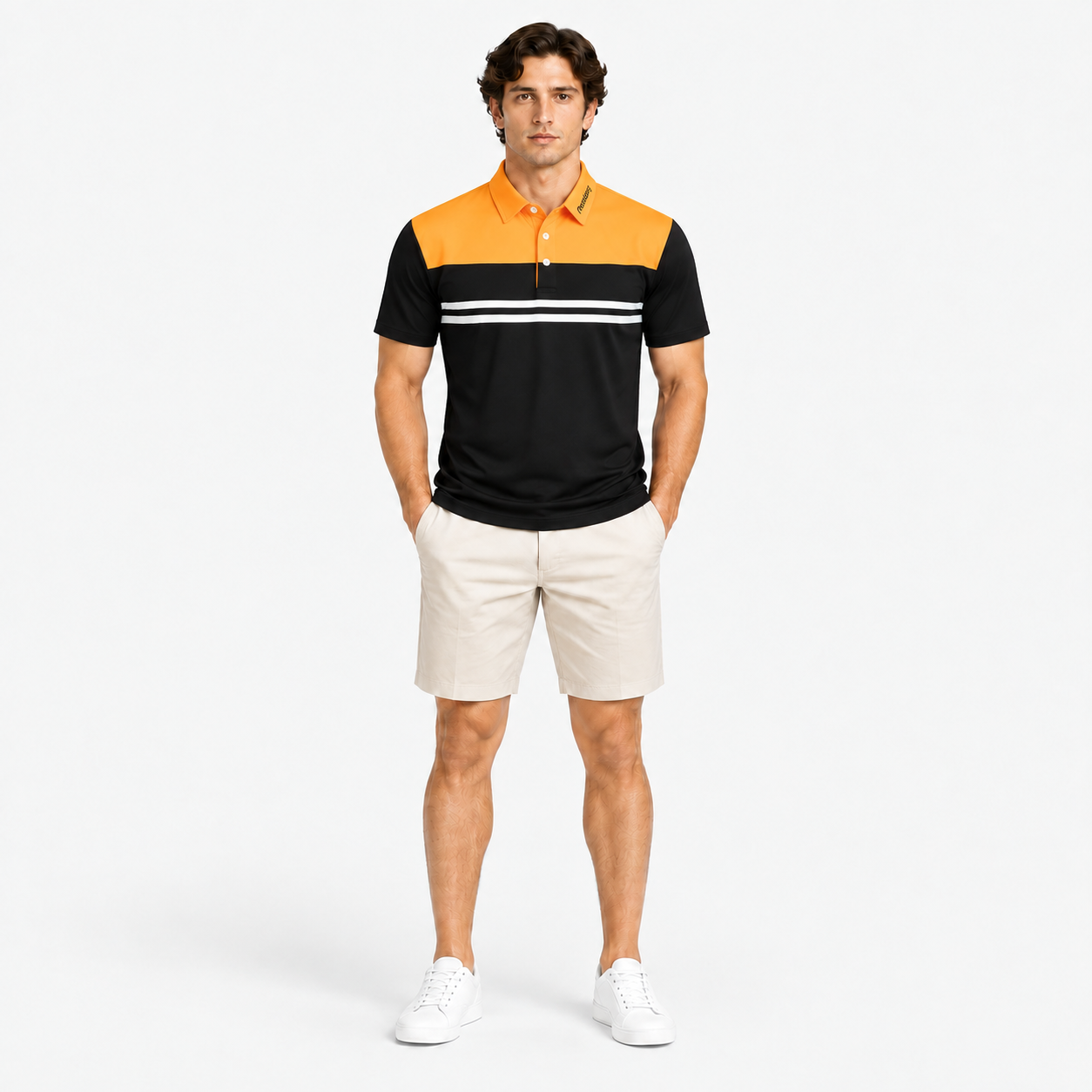 Mens orange black striped golf polo full body view