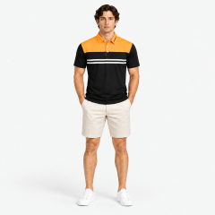 Mens orange black striped golf polo full body view