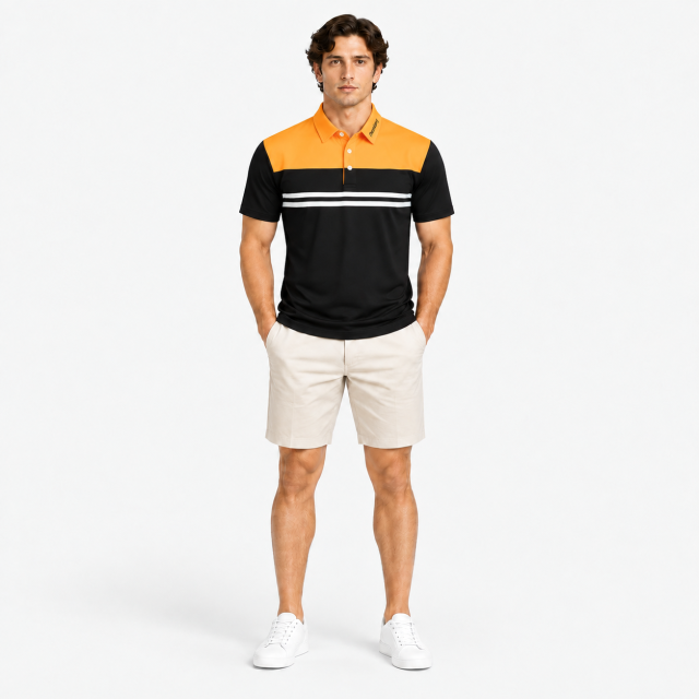 Mens orange black striped golf polo full body view