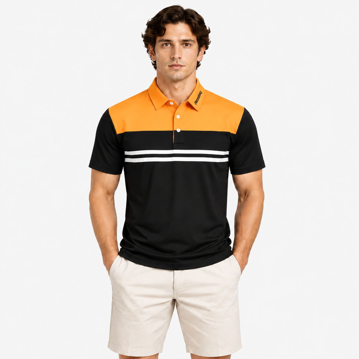 Mens orange black golf polo shirt front view