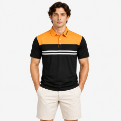 Mens orange black golf polo shirt front view