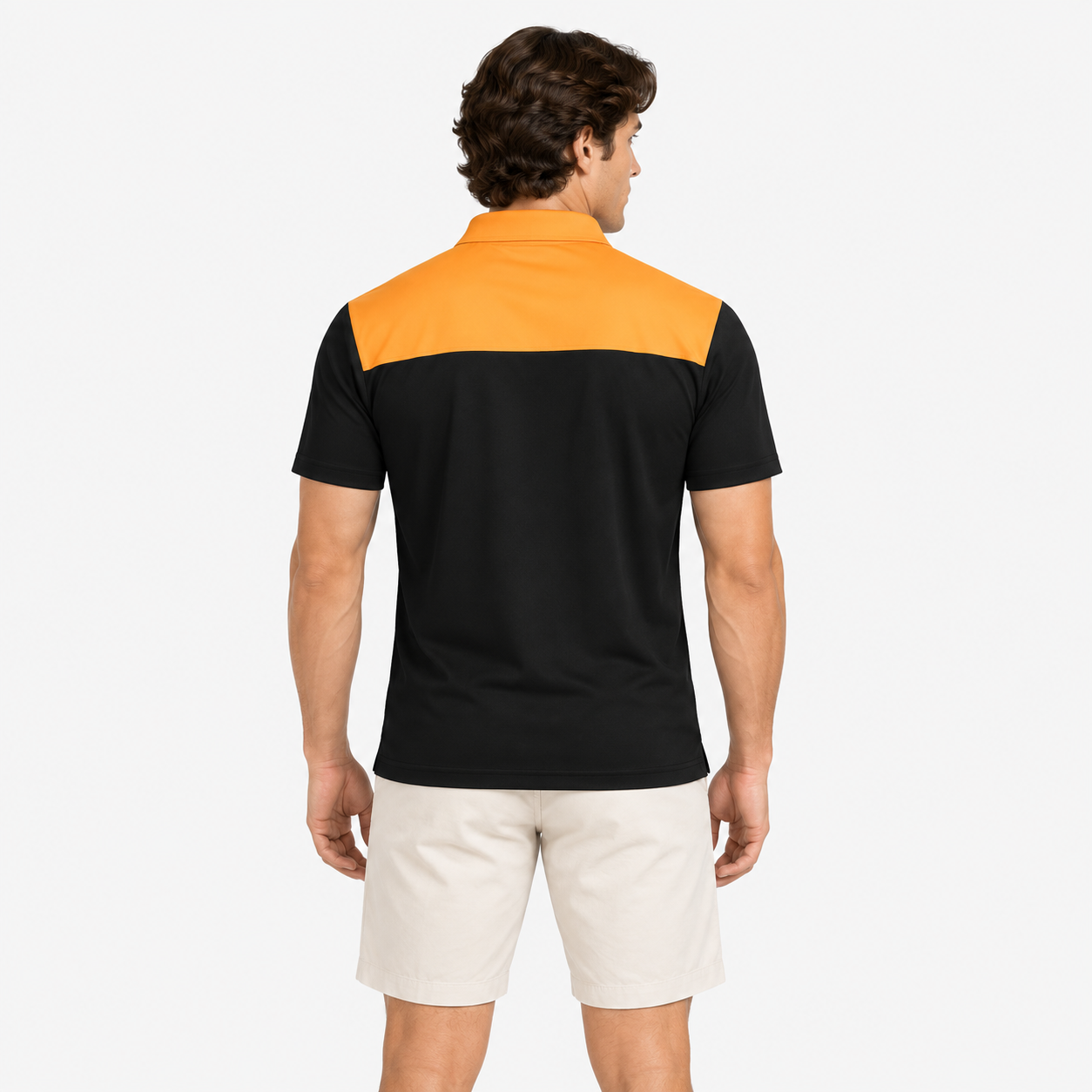 Mens orange black golf polo shirt back view