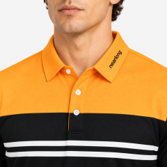 Mens orange golf polo collar close up with three button placke