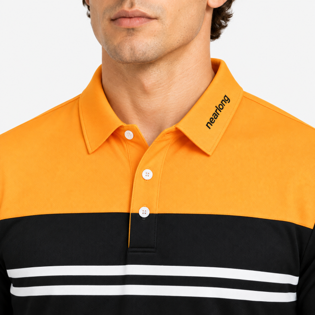 Mens orange golf polo collar close up with three button placke