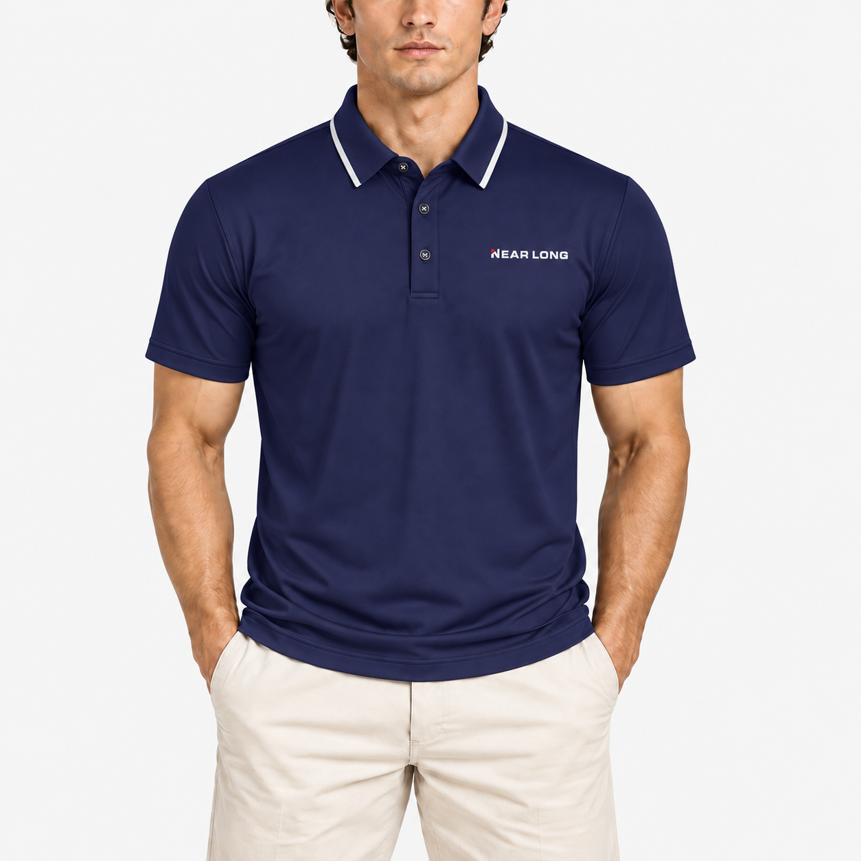 Men's navy tipped collar golf polo shirt front view