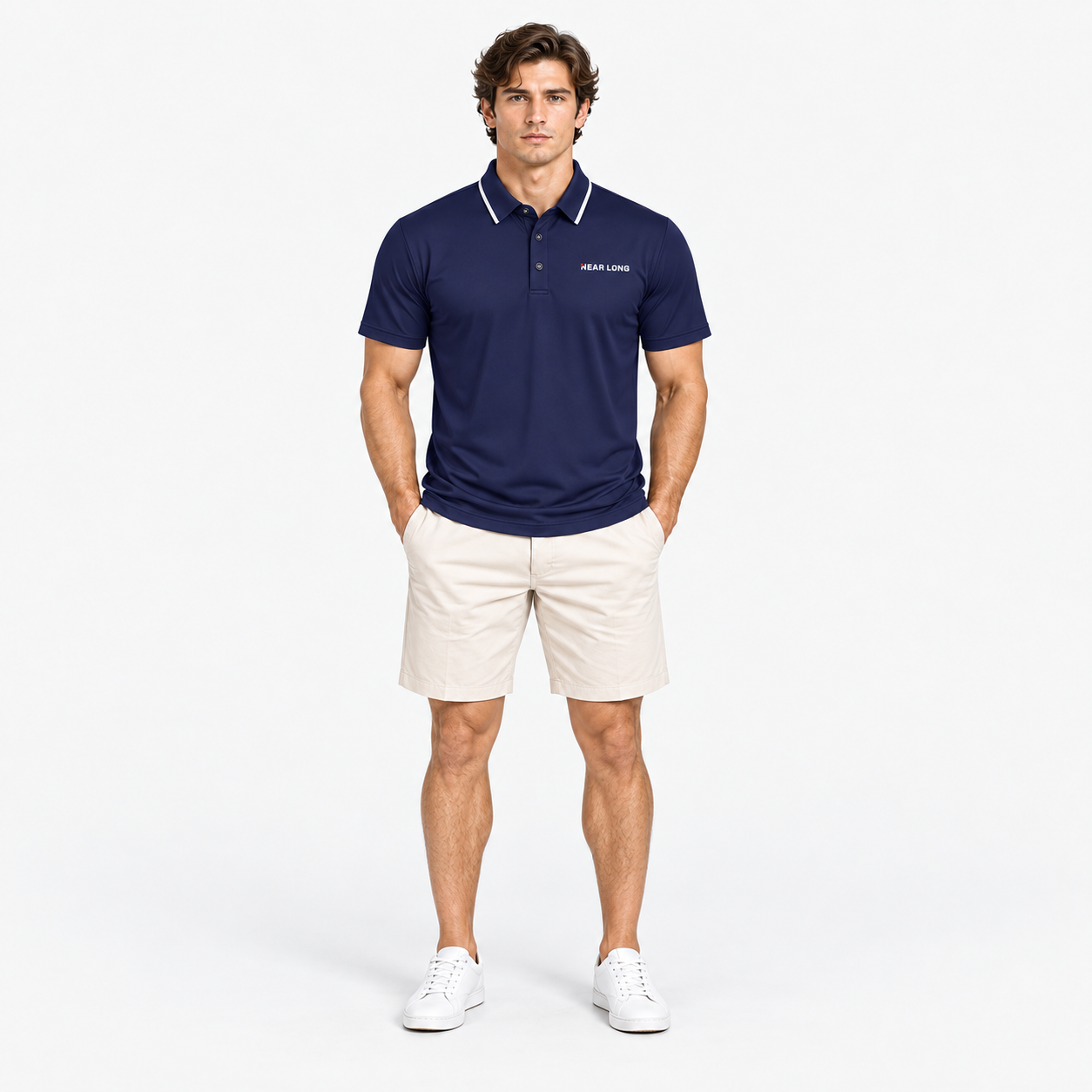 Men's navy golf polo shirt full body front view
