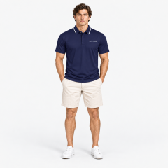 Men's navy golf polo shirt full body front view