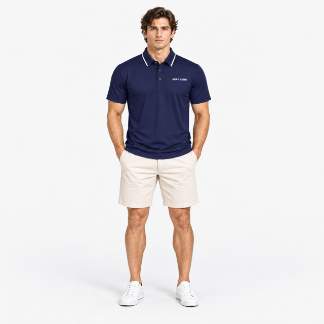 Men's navy golf polo shirt full body front view
