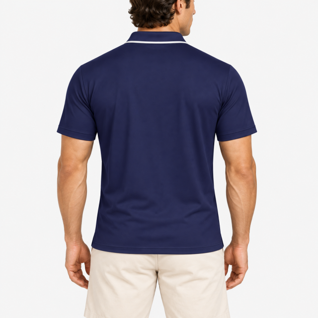 Men's navy short sleeve golf polo shirt back view