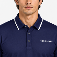 Men's navy golf polo collar and logo detail