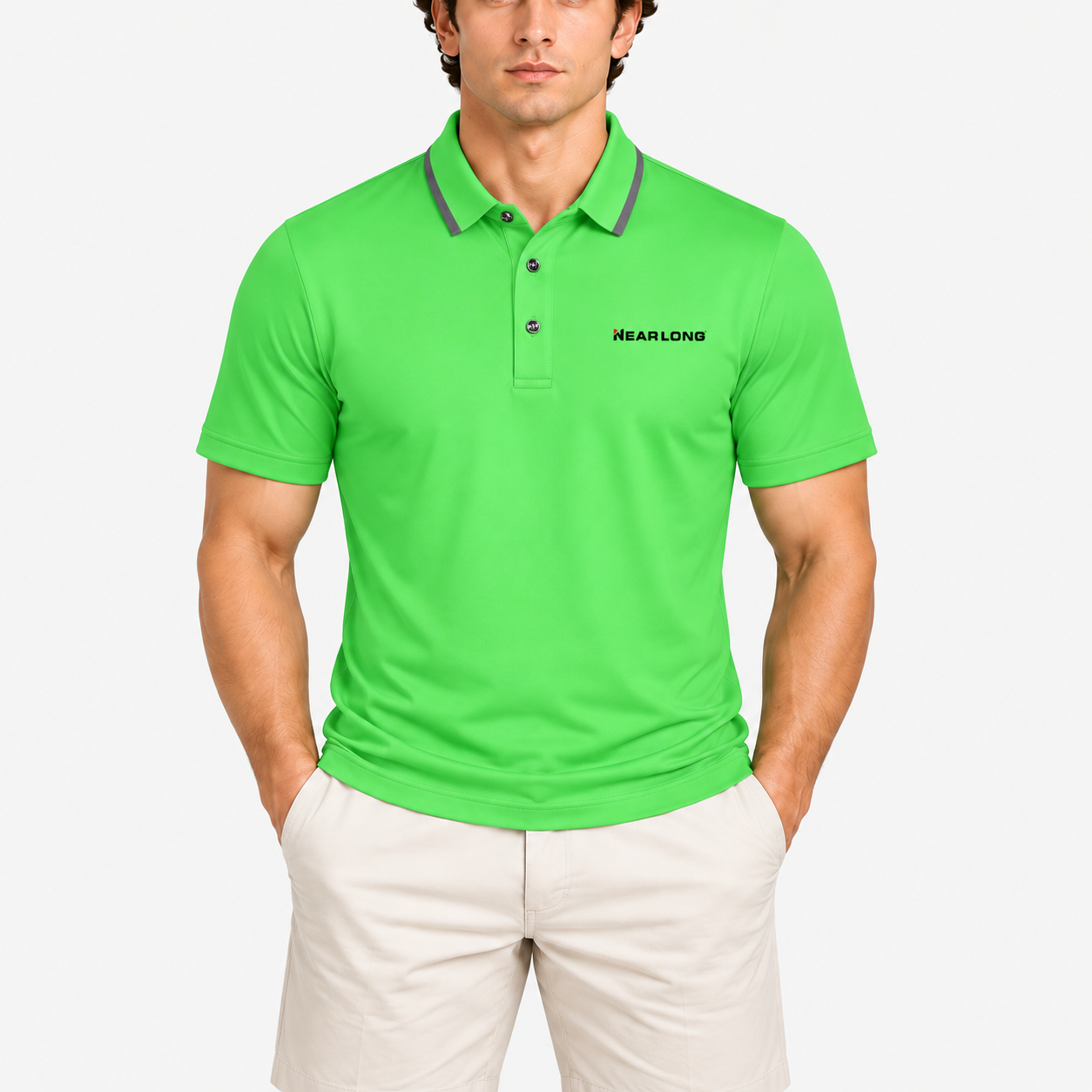 Men's lime green golf polo shirt front upper body view