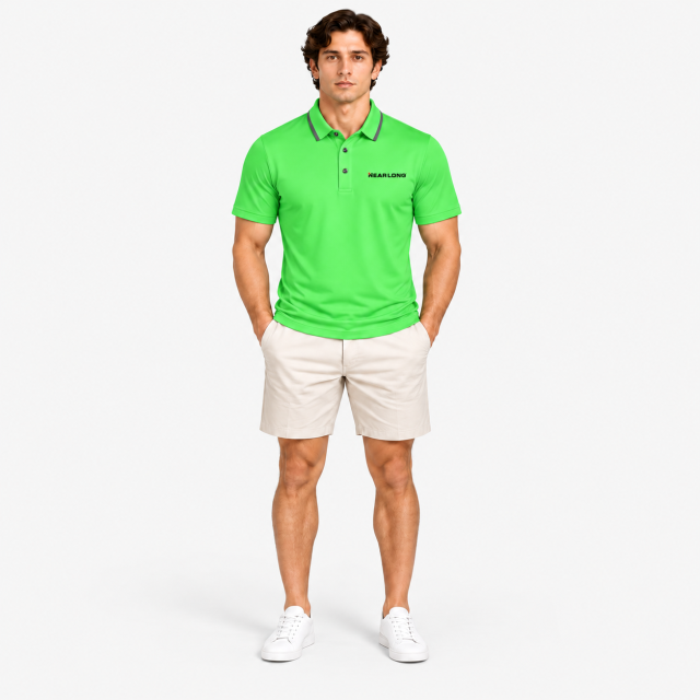 Men's lime green golf polo shirt full body front view