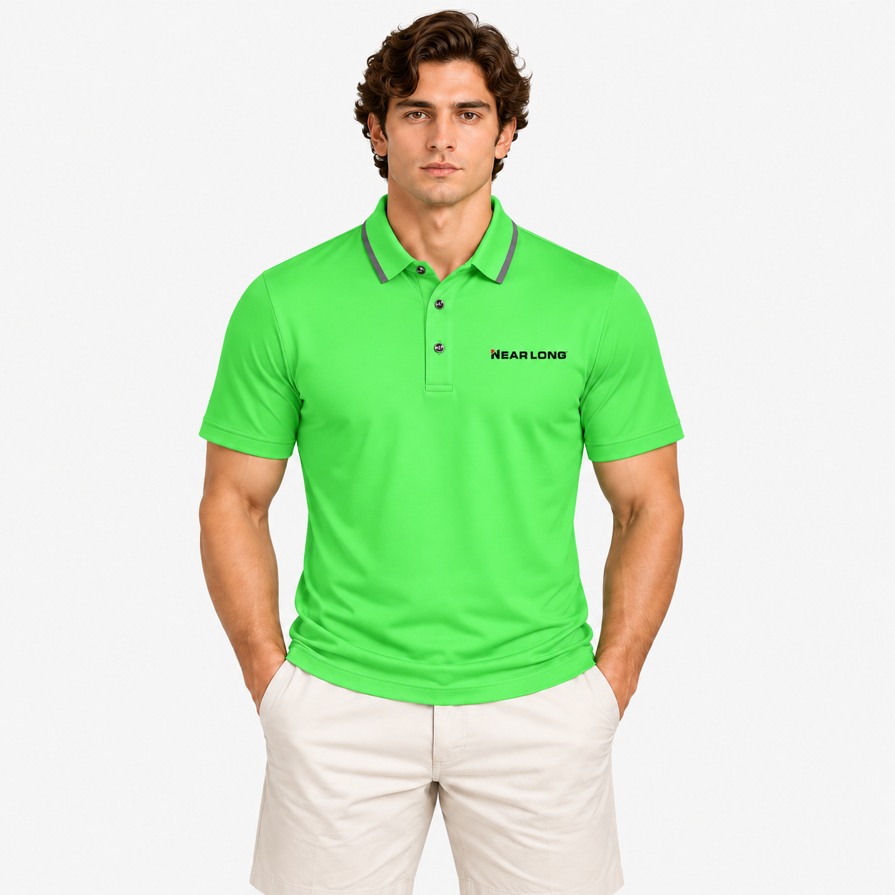Men's green performance golf polo shirt front fit view