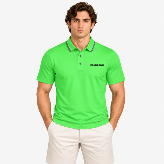 Men's green performance golf polo shirt front fit view