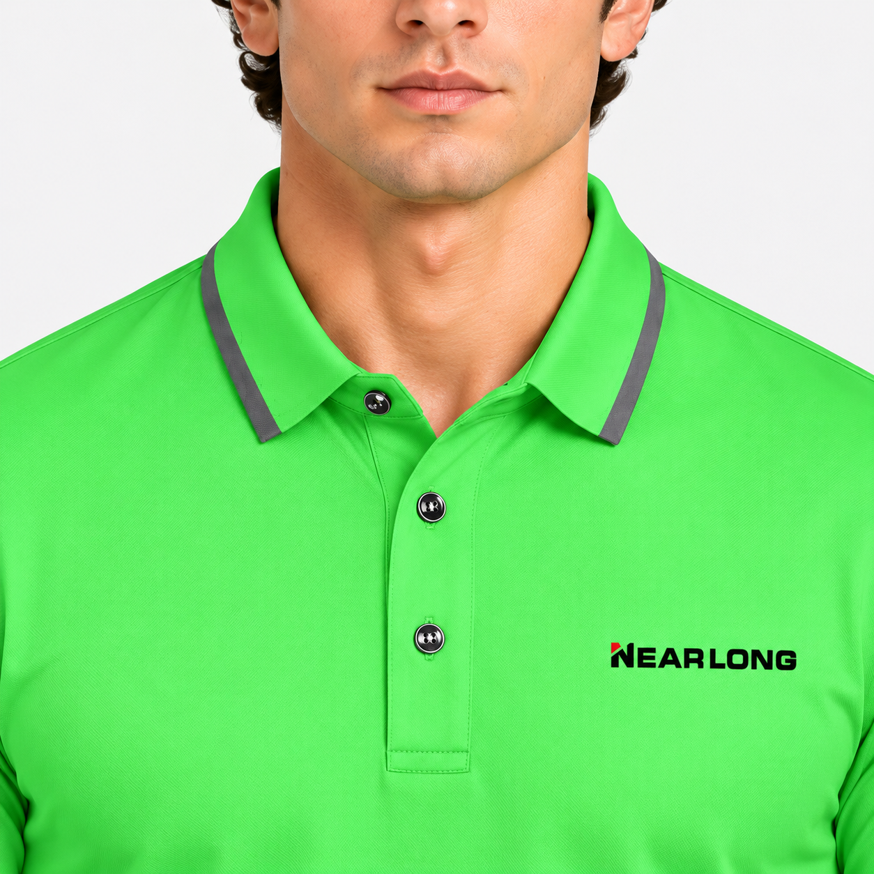 Men's lime green golf polo tipped collar and placket detail