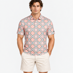 Men's printed golf polo shirt with peach teal geometric pattern