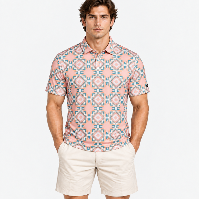 Men's printed golf polo shirt with peach teal geometric pattern