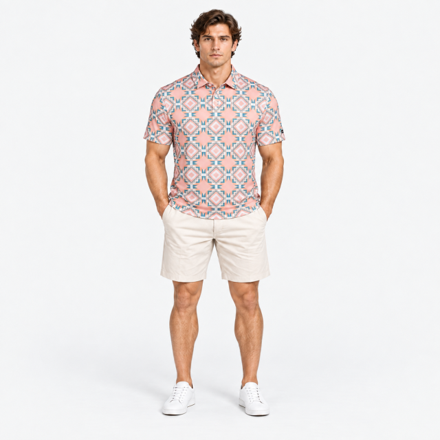 Men's short sleeve geometric golf polo shirt full body front view