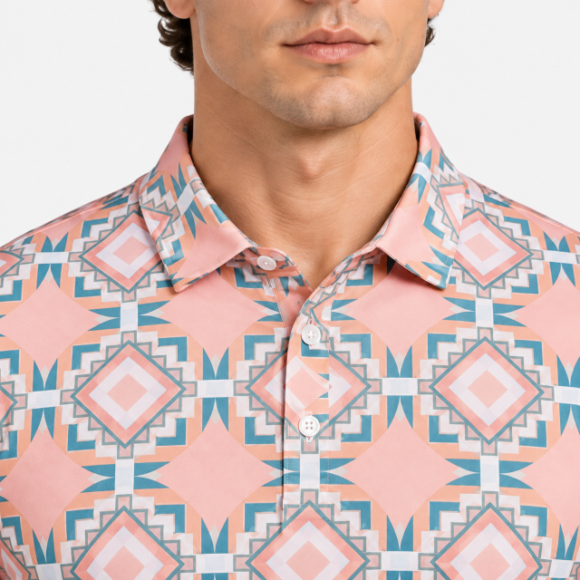 Geometric print men's golf polo shirt collar and button placket detail