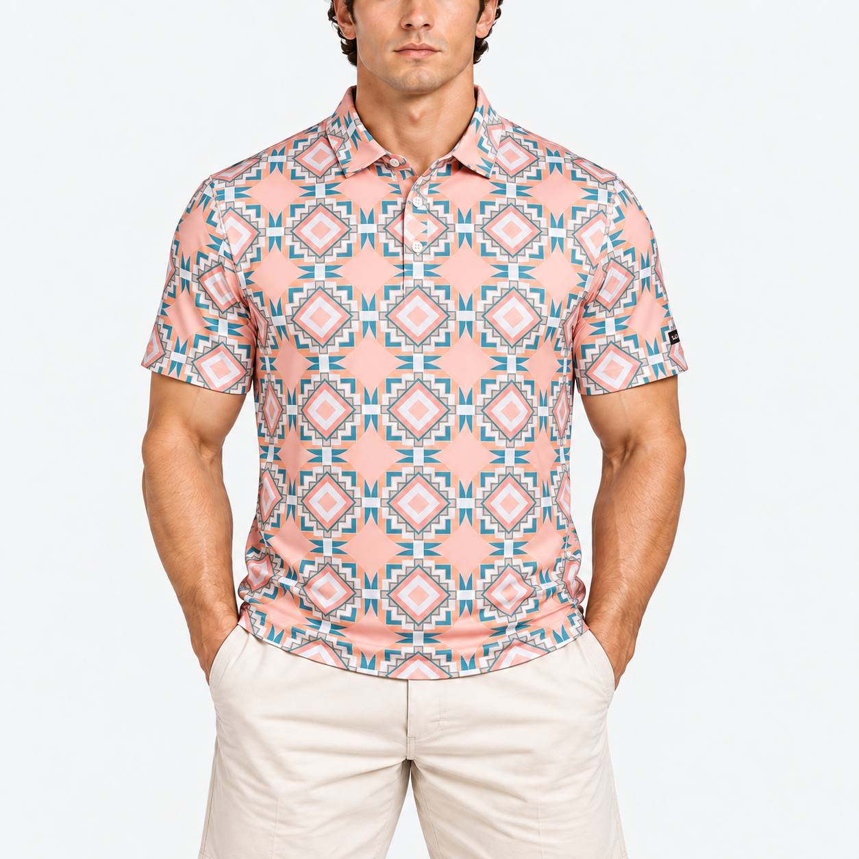 Men's geometric print golf polo shirt in peach and teal