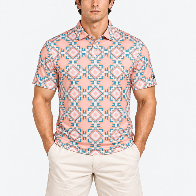 Men's geometric print golf polo shirt in peach and teal