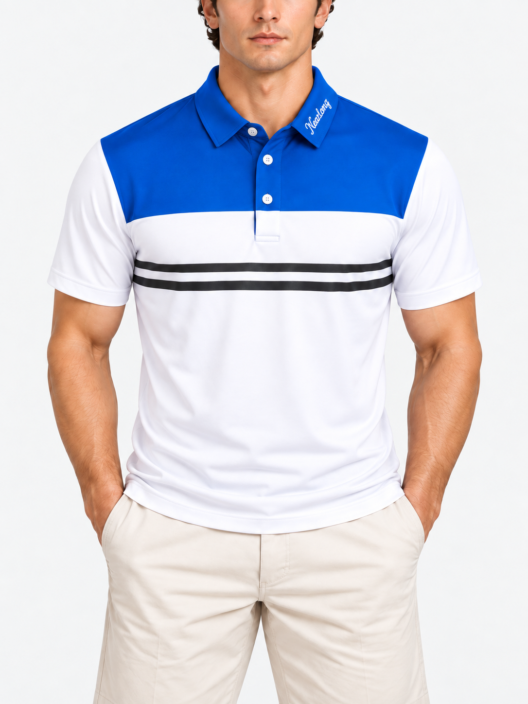Golf shirt for men with blue shoulder panel and chest stripes