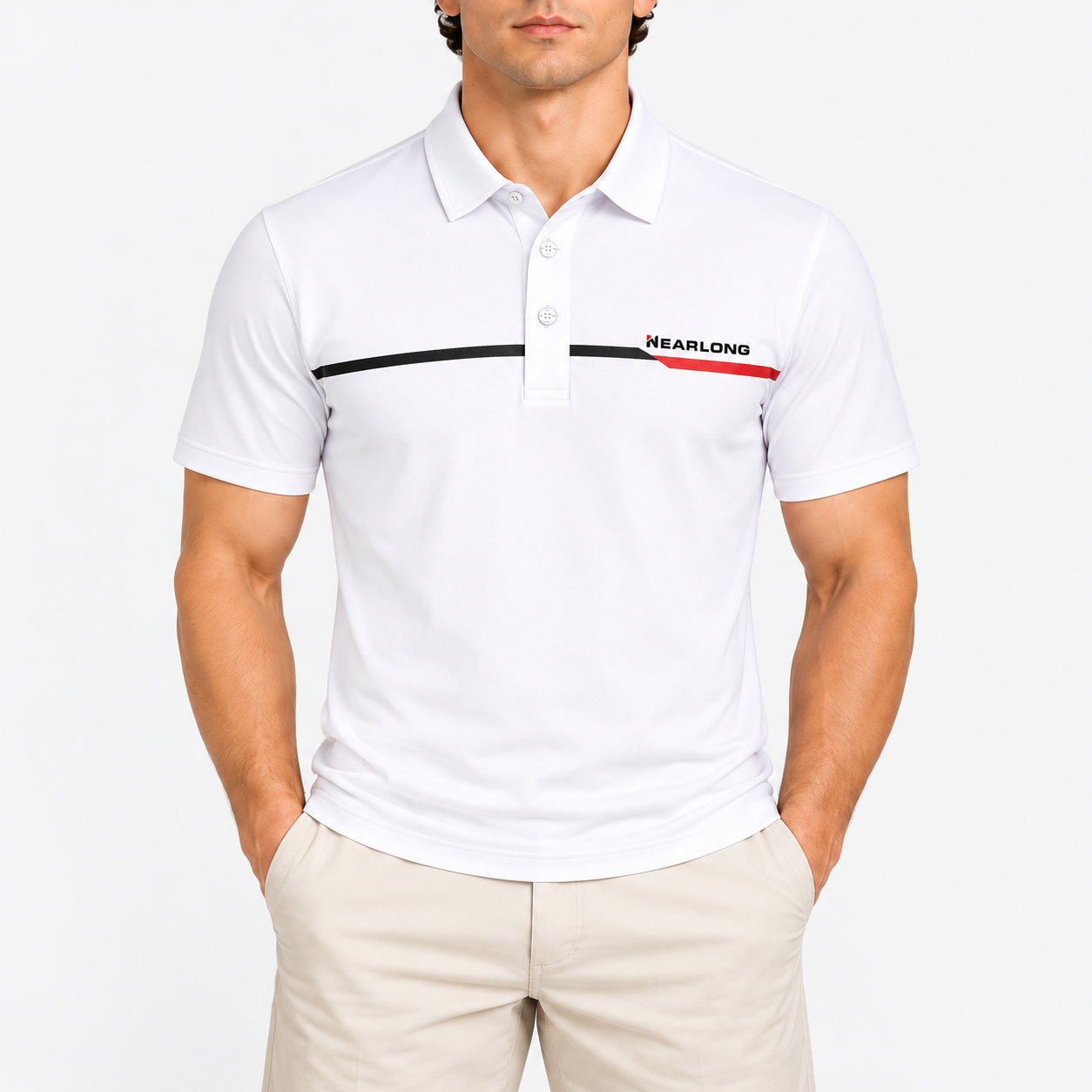 Men's white golf polo shirt with black and red chest stripe