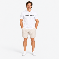 Men's white golf polo shirt full body front view