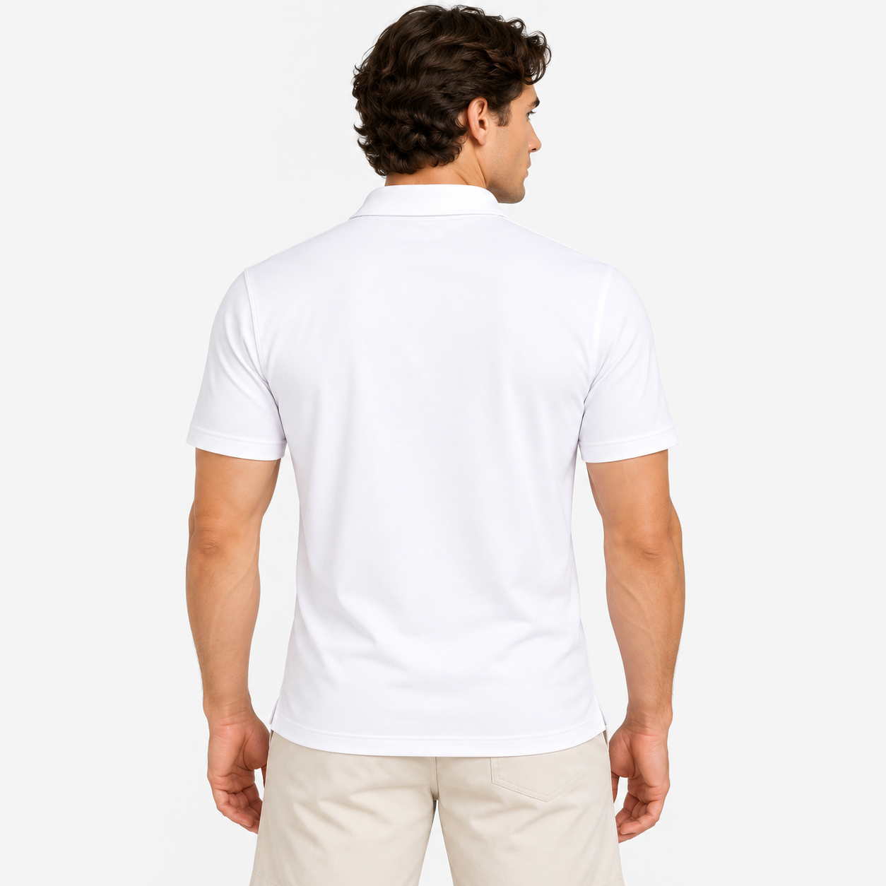 Men's white golf polo shirt back view