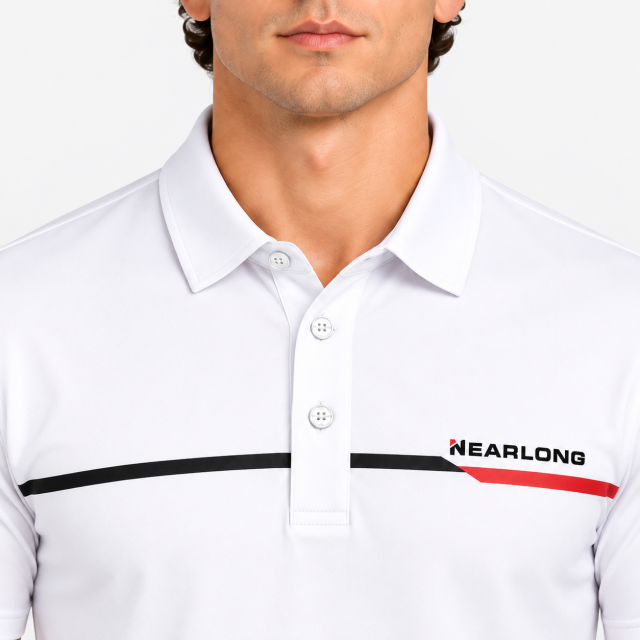 Men's white golf polo collar three button placket detail