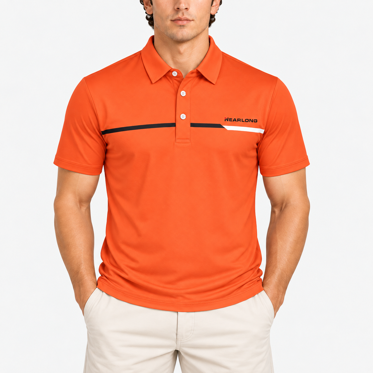 Men's orange contrast stripe golf polo shirt front view
