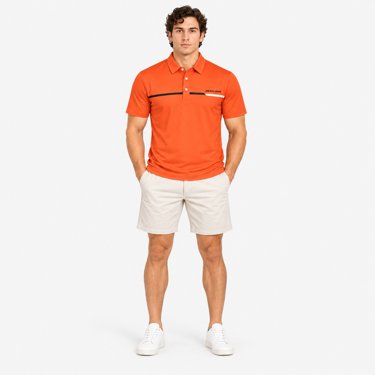 Men's orange short sleeve golf polo shirt back view