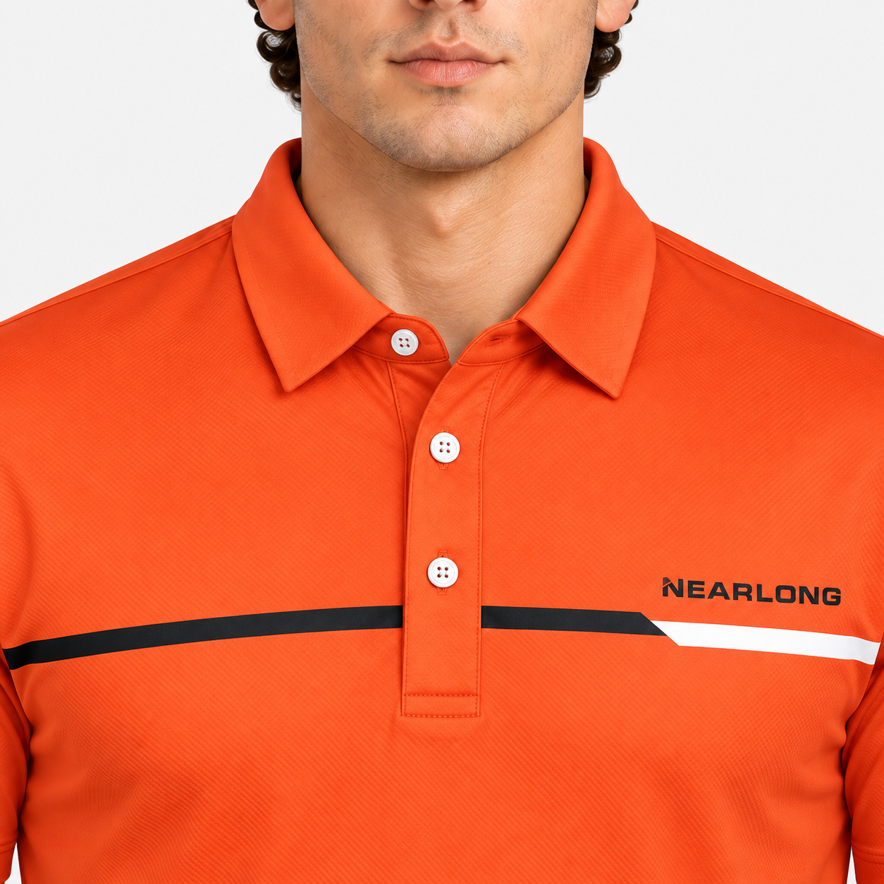 Men's orange golf polo with black and white chest stripe