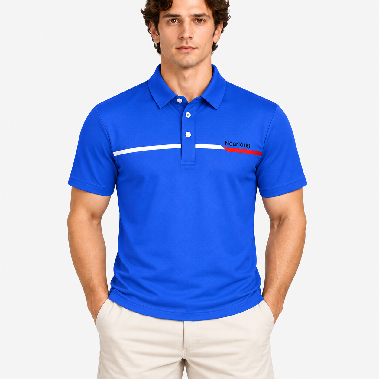 Men's blue golf shirt front fit with contrast chest stripe