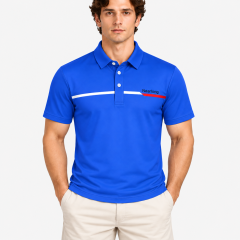 Men's blue golf shirt front fit with contrast chest stripe