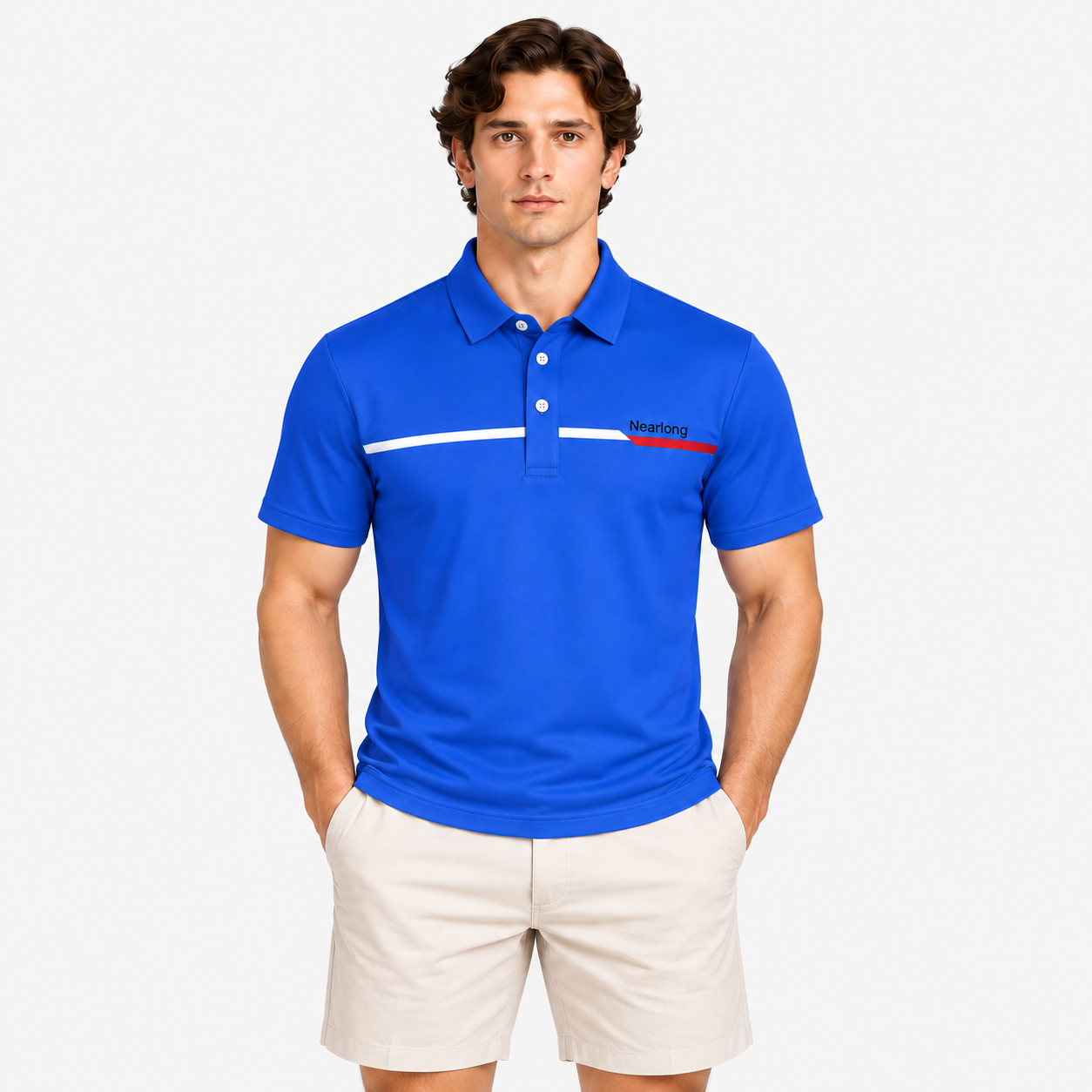 Men's blue golf polo shirt full body fit view